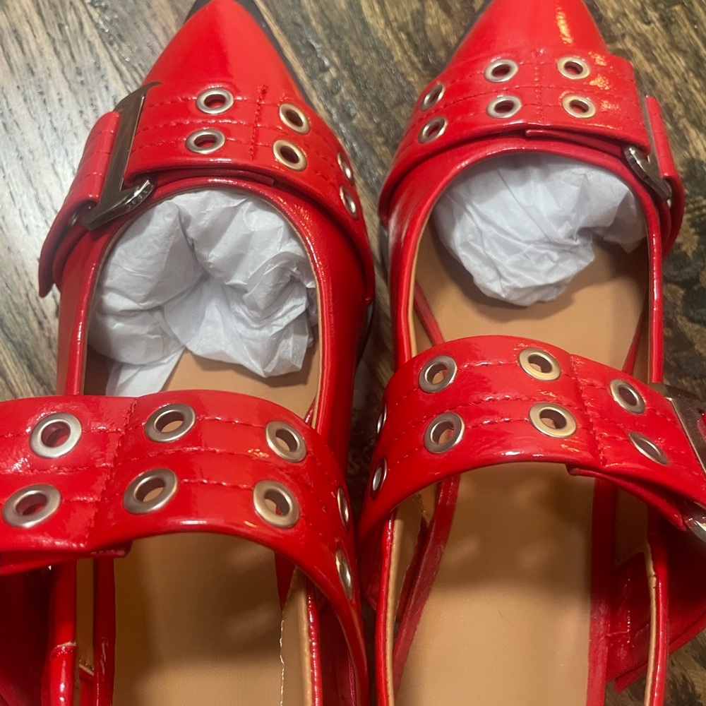 Red Patent Pointed Slingback Flats with Buckle Detail - Picture 3 of 8